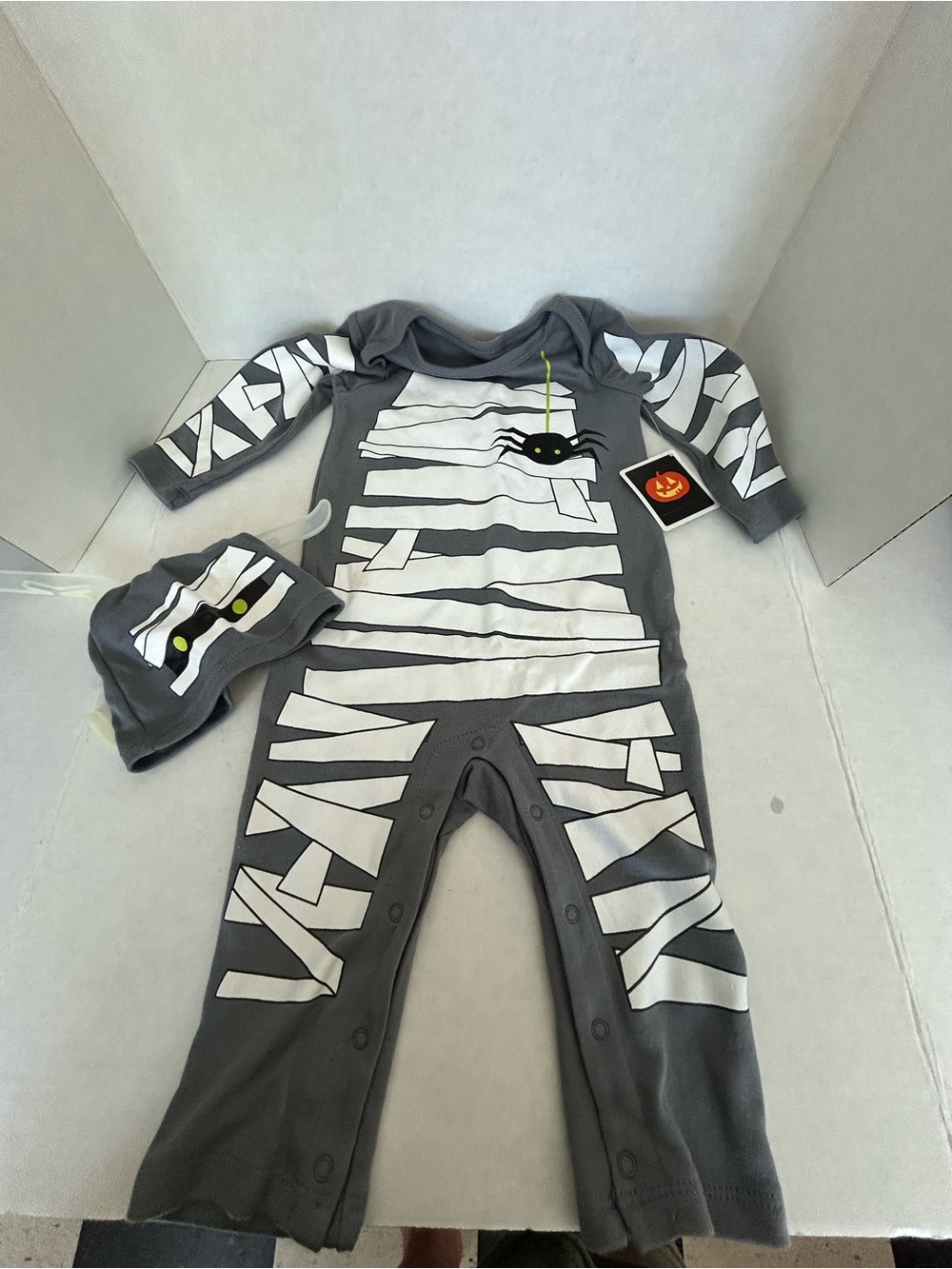 Walmart Gray Baby Mummy One-Piece Bodysuit with Hat Sz 6-9M NWWT